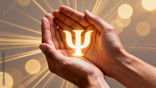 Hands holding glowing psi symbol