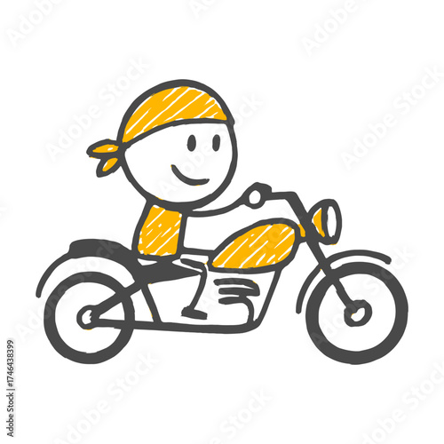 A Free Spirited Traveler Wearing a Bandana, Riding a Classic Style Motorcycle and Smiling with the Happiness of the Journey.