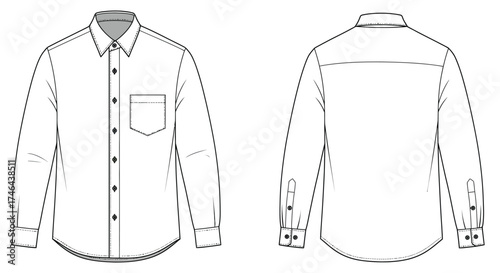Technical drawing of a classic long sleeve button down shirt design