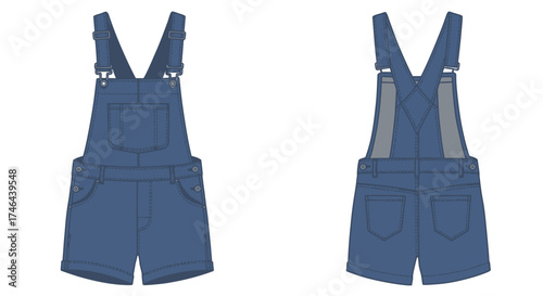 Denim overalls fashion technical drawing with front and back views displayed