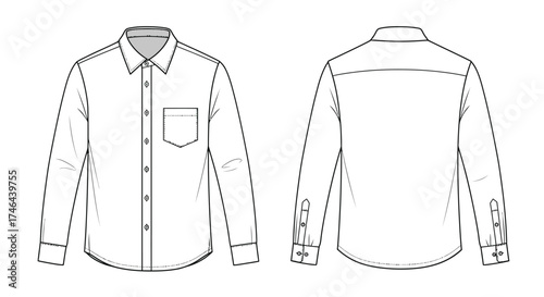 Technical illustration of a men's long sleeved button down shirt design