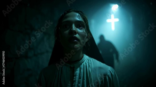 Paranormal. Cinematic scene of a girl being chased by eerie spectre in a dark oubliette. Horror movie. Fear intensifies. Demonic creature