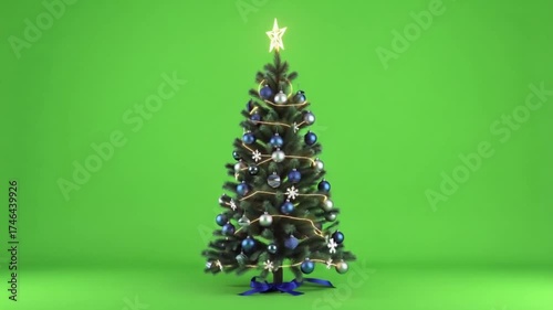 Decorated christmas tree with blue and silver ornaments and a star on a green screen background christmas tree green screen video