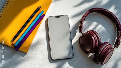 Office desk table with laptop,smart phone,pen,headphone,notebook and cup of coffee.Flat lay photo.Top view with copy space.Office supplies and gadgets on desk table.Working desk table