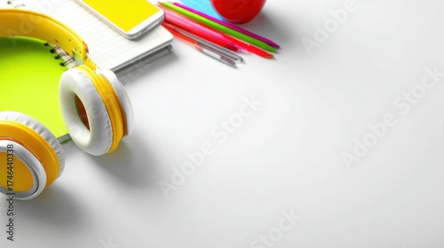 Office desk table with laptop,smart phone,pen,headphone,notebook and cup of coffee.Flat lay photo.Top view with copy space.Office supplies and gadgets on desk table.Working desk table