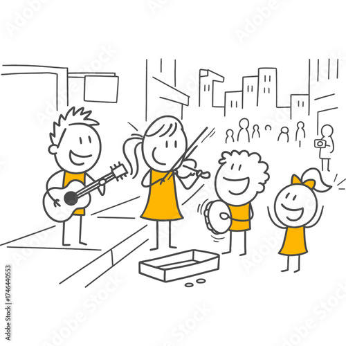 A Team of Street Musicians Presenting a Cheerful Melody to the Audience by Playing the Guitar, Violin, and Tambourine on a Busy City Corner.