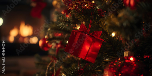 Red Ornament and Warm Holiday Lights