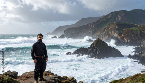 A man with dark hair and beard stands near a rugged coast, waves crashing against cliffs under a cloudy sky