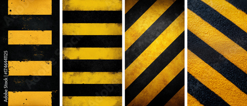 aged black and yellow striped background texture resembling heavily worn street signs or warning board markings painted directly onto rough concrete, ideal for urban road safety and industrial design 
