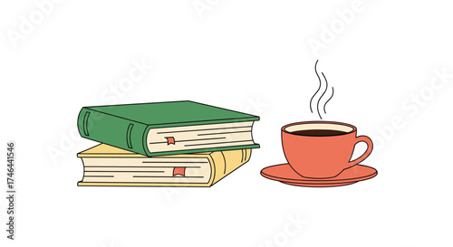 A stack of books with a hot cup of coffee.