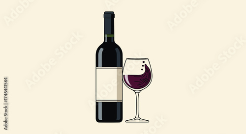 A bottle of dark red wine with a glass full of the same beverage.
