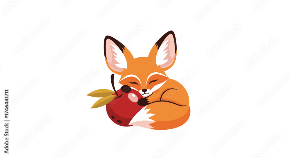 Fototapeta premium A cute cartoon fox sleeps soundly holding a red apple with leaves.