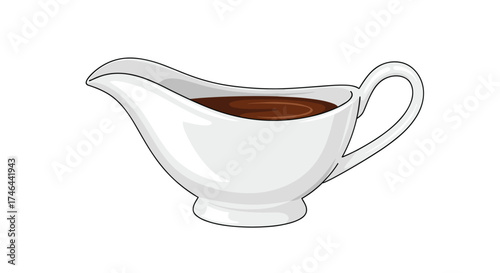 A simple white gravy boat filled with rich brown gravy ready for serving.