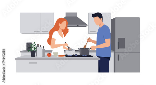 Couple happily preparing a meal together in a modern kitchen setting