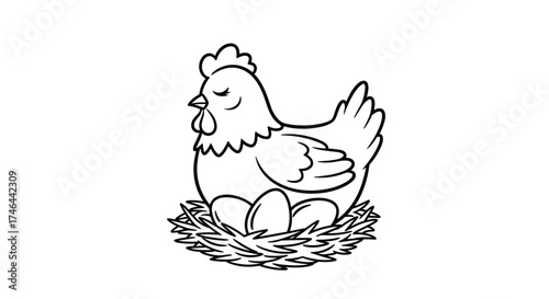 A cartoon hen sitting on her nest with eggs.