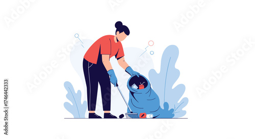 A person with gloves and a trash picker helps a small animal in need.