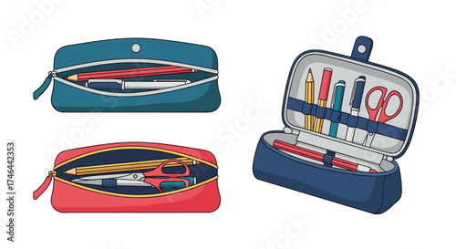 A collection of pencil cases filled with stationery and writing tools.