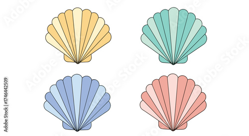 Four colorful seashell illustrations with ribbed patterns and white outlines.