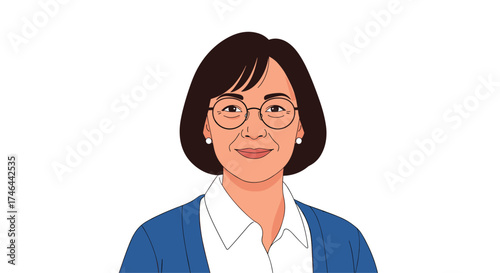 A portrait of a woman wearing glasses and a blue cardigan.