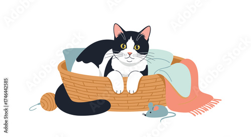 A cute tuxedo cat relaxes in a woven basket.