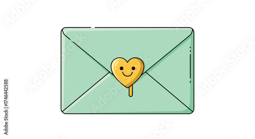 A mint green envelope with a heart shaped lollipop seal on it.