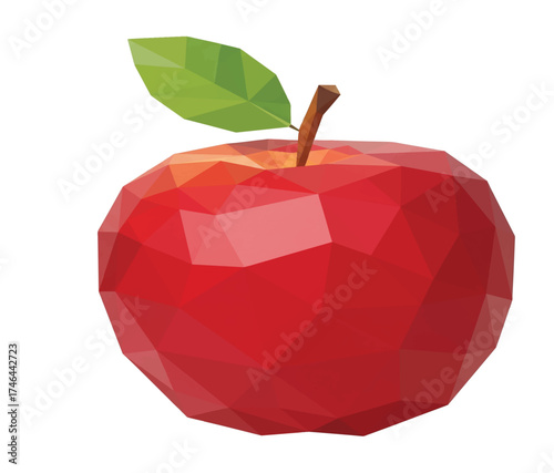 A vibrant red geometric apple with a green leaf and stem artfully rendered and isolated on transparent background.