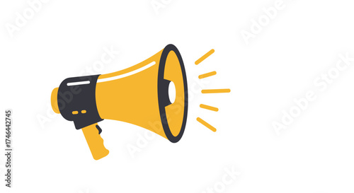 Illustrated yellow megaphone with sound waves emitting on a white background