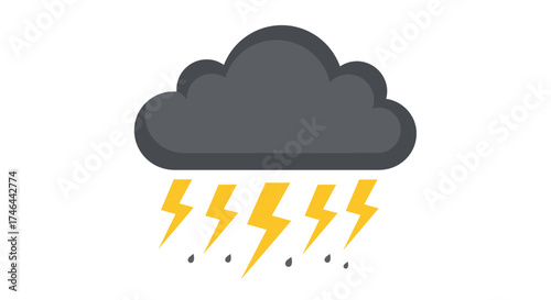 Illustration of a dark storm cloud with lightning and rain on white
