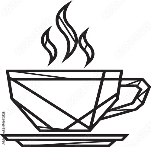 Geometric line art illustration of a steaming coffee cup and saucer isolated on transparent background.