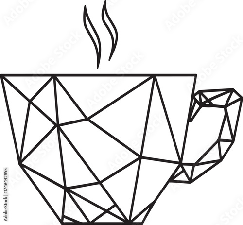 Geometric line art illustration of a steaming coffee cup and saucer isolated on transparent background.