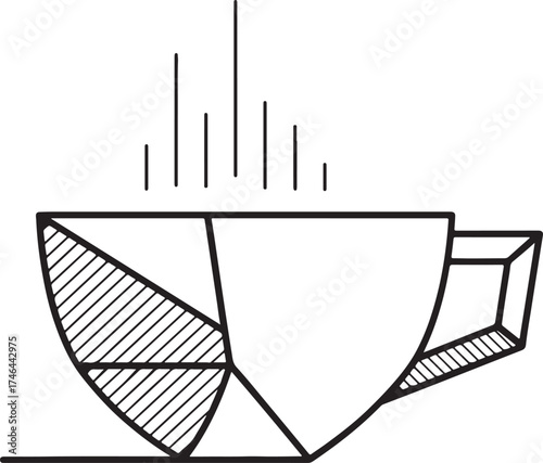 Geometric line art illustration of a steaming coffee cup and saucer isolated on transparent background.