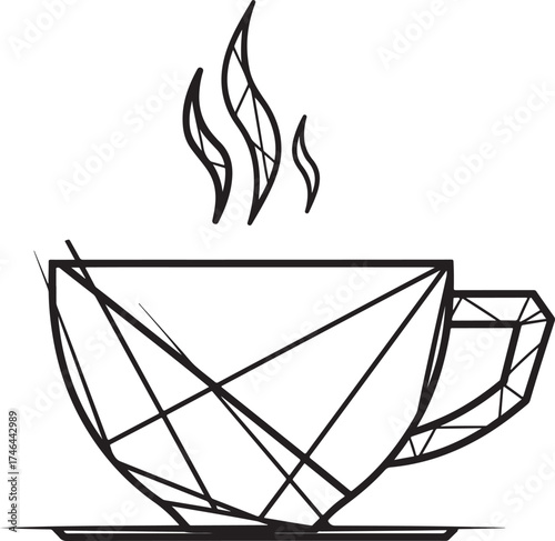 Geometric line art illustration of a steaming coffee cup and saucer isolated on transparent background.