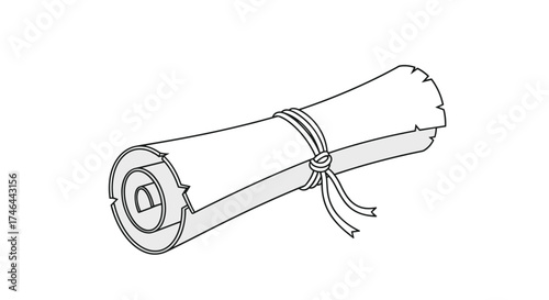 A rolled ancient scroll tied with a ribbon is drawn with thin black lines.