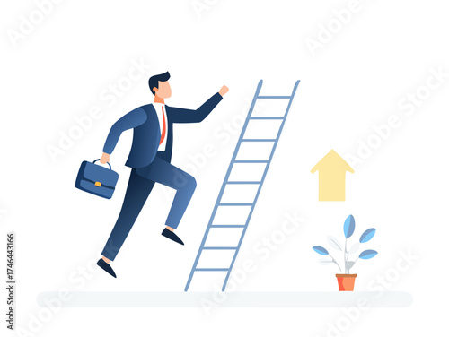 Businessman climbing the ladder. Success ladder for business opportunity. Simple minimal design. Trendy style graphic. Flat vector illustration.

