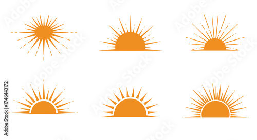 A collection of radiant sunbursts and sunrise designs in orange hues