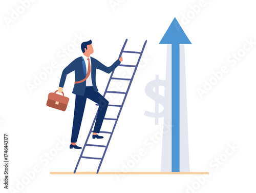 Businessman climbing the ladder. Success ladder for business opportunity. Simple minimal design. Trendy style graphic. Flat vector illustration.


