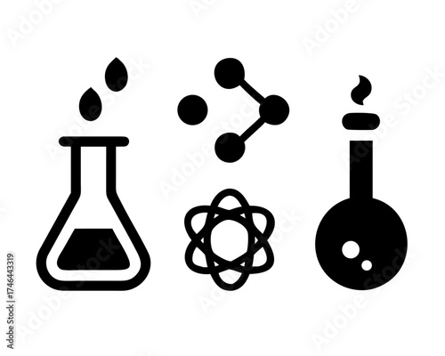 Black science icons depicting chemistry elements