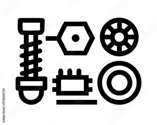 Mechanical parts, including spring, bolt, and gear