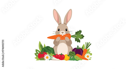A cute rabbit enjoys a healthy carrot surrounded by fresh vegetables.