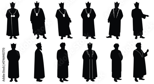Silhouettes of regal figures in academic gowns and crowns displayed