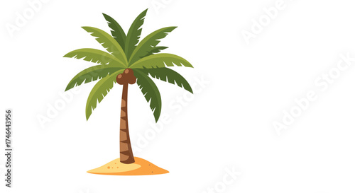 A lone palm tree stands tall on a sandy island with a white background.