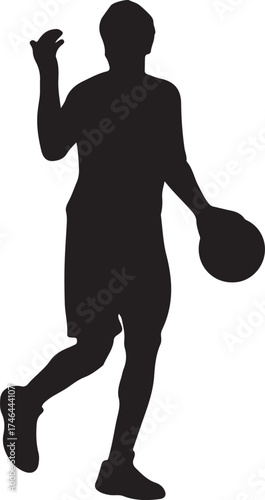 Silhouette of a basketball player dribbling the ball on a white background.
A black silhouette of a male basketball player in motion, dribbling a ball. The background is solid white.