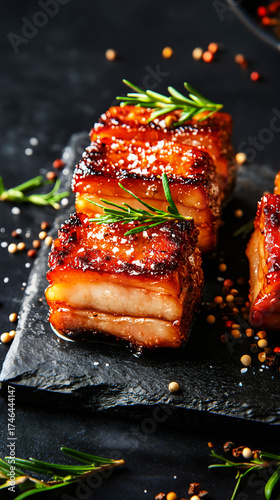 Crispy glazed roasted pork belly with rosemary on black slate