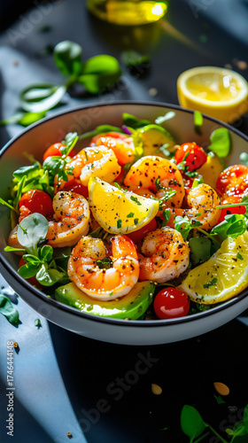 Dark and moody food photography of a gourmet grilled shrimp salad with avocado