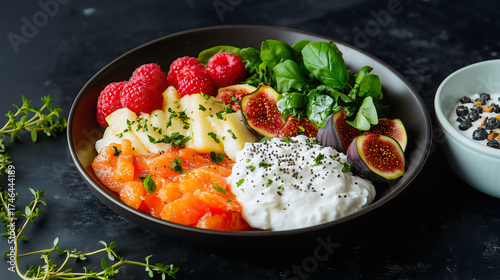 Dark and moody food photography of a healthy breakfast bowl with fresh fruit, figs, raspberries and yogurt