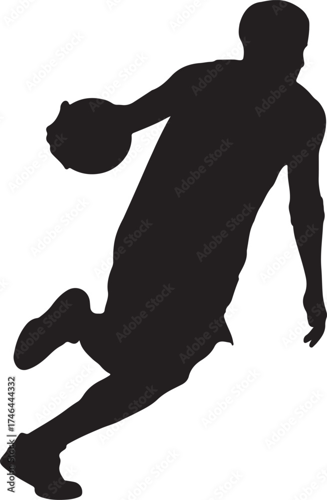 Obraz premium Silhouette of a basketball player dribbling the ball on a white background. A black silhouette of a male basketball player in motion, dribbling a ball. The background is solid white.