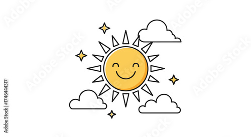 A cheerful sun shines brightly with clouds and sparkles in the sky.