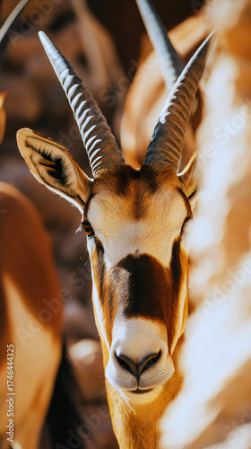 Dramatic editorial portrait of a majestic Oryx with an intense, calm gaze, standing as a powerful symbol of survival