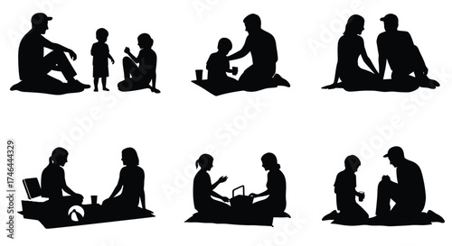 Silhouettes of families enjoying picnics together in a peaceful outdoor setting