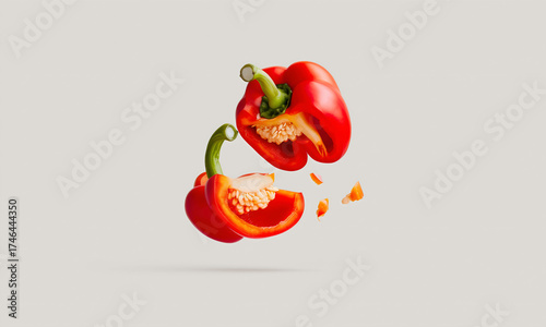 Dynamic burst of a fresh red bell pepper, sliced and levitating in mid-air